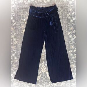 Lost Ink Royal Navy Blue Velvet Wide Leg Paper bag waist Pants